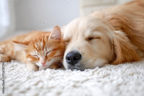Wallpaper Mural Adorable kitten and puppy sleeping together on cozy carpet, symbolizing friendship and companionship between pets. Torontodigital.ca