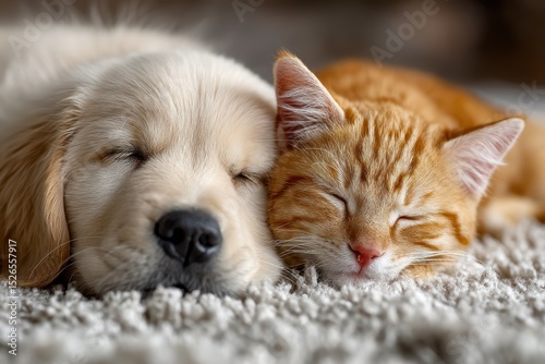 Golden Retriever Puppy and Kitten Sleeping Peacefully on Soft Carpet, Harmonious Cross-Species Bond.