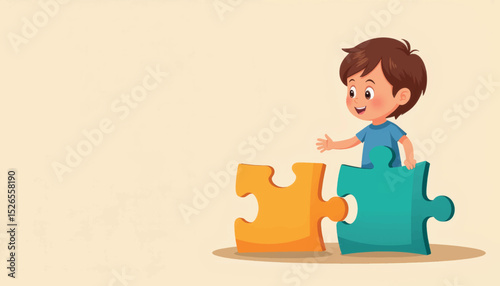 Happy child picking up puzzle piece against light background, creativity