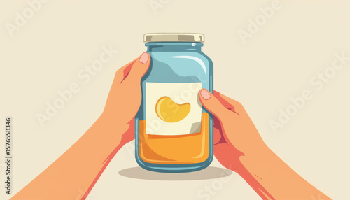 Hands peeling sticker off glass jar, focus on creativity