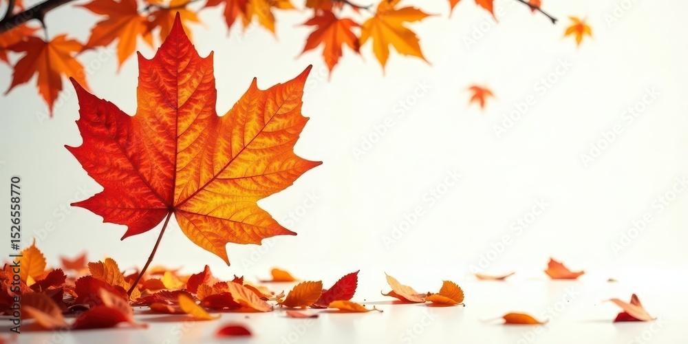 Fototapeta premium Autumnal foliage design featuring a vibrant maple leaf and scattered fallen leaves against a bright background