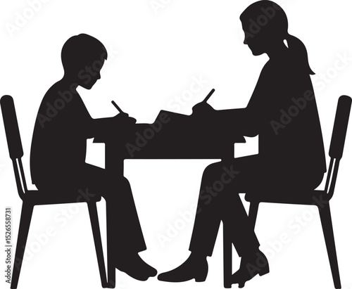 Silhouette Vector of Teacher and Student in Study Session at Desk