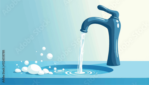 Blue faucet with water flowing over a surface in minimalist style  