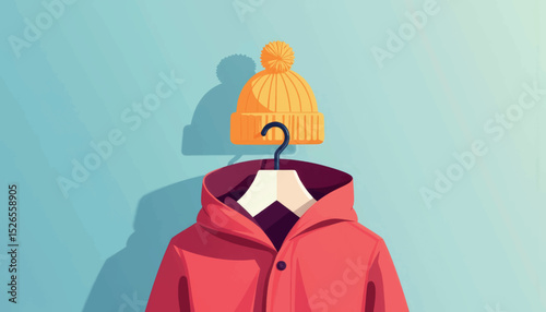 Bright winter hat hanging on a coat hook, cozy seasonal vibe