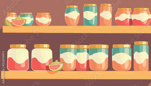 Colorful canned food jars on shelves, food storage concept