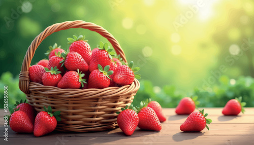 Fresh strawberries in basket on wooden table, summer bountiful harvest