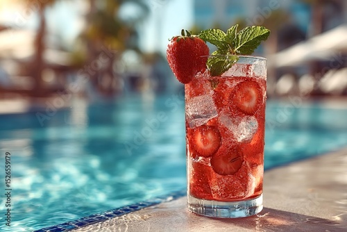Glass of refreshing strawberry cocktail with ice and mint leaves sits on the edge of a swimming pool on a sunny summer day, offering a perfect way to cool off and enjoy the vacation