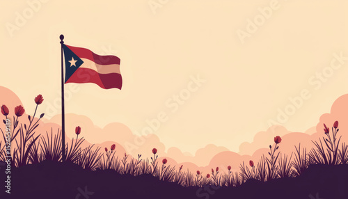 Puerto Rican flag waving among flowers at sunset, celebration of freedom