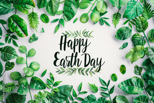 Green leafy background with the words Happy Earth Day written in white