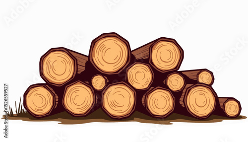 Neatly stacked timber logs on white background, simplicity in design