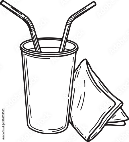 Hand-Drawn Beverage Cup with Straws and Napkin – Black and White Vector Illustration