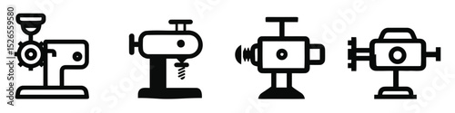 Collection of Industrial Machine Icons: Grinder, Drill, Engine, Camera - Vector Graphics for Manufacturing, Technology, and Engineering Projects