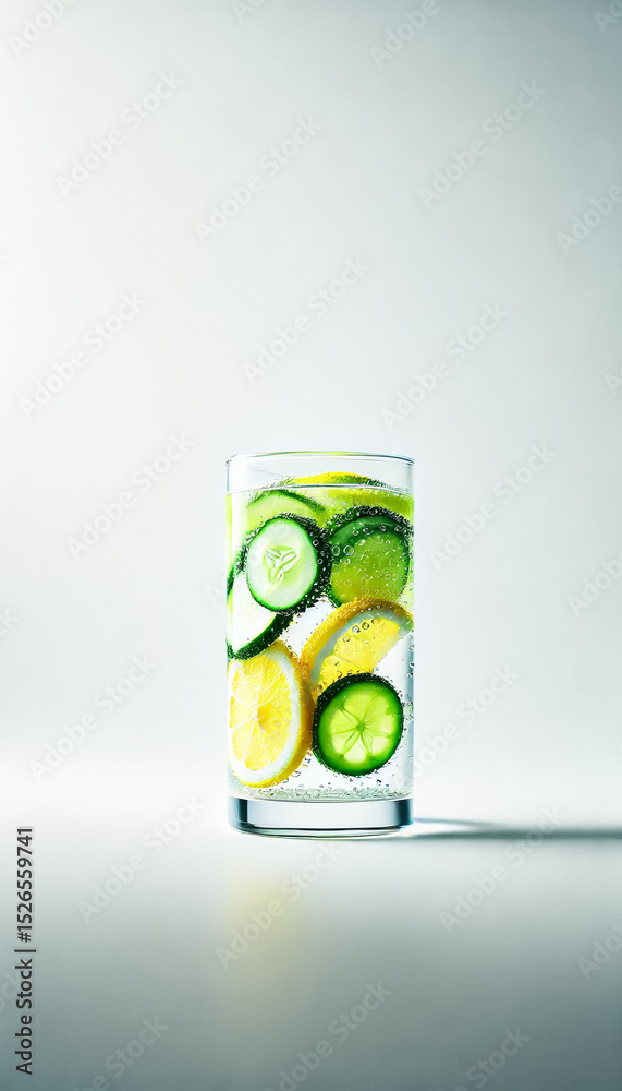 Obraz premium Refreshing Infused Water with Cucumber, Lemon, and Lime on a Solid White Background