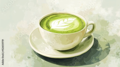 Serene Green Matcha Latte in a White Cup with Leaf Art on Smooth Surface in Soft Color Palette for Peaceful Moments and Relaxing Vibes