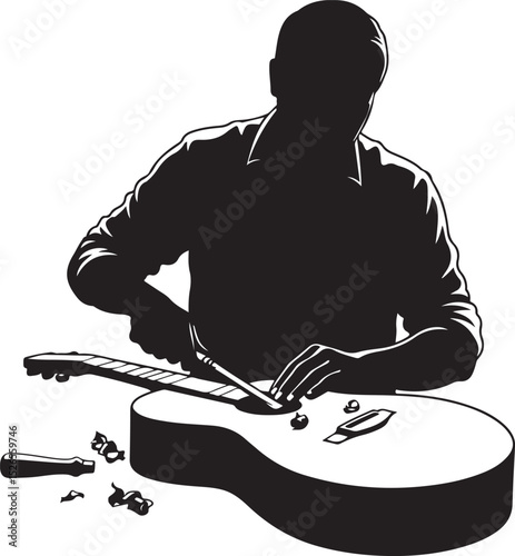Guitar Repair Silhouette Vector | Musician Fixing Acoustic Guitar | Instrument Maintenance Illustration