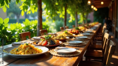 A sun-drenched outdoor dining experience with a long wooden table laden with delicious food and waiting plates