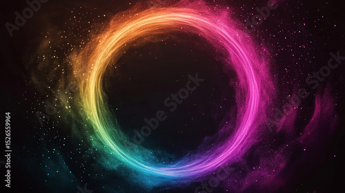 Vibrant circular spectrum, neon energy circle in cosmic dust background