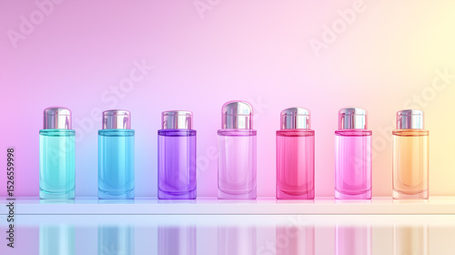 Colorful perfume bottle collection on glossy surface