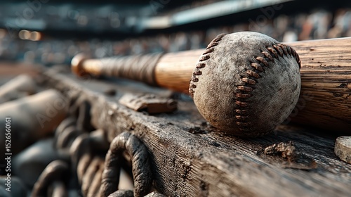 Sports photography of A baseball ball and bat on a dugout bench, professional sport concept, high resolution, Photorealistic. Hyperdetailed. UHD. super detailed
