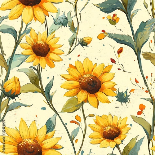 Sunflower Garden Seamless Pattern illustrations. Generative AI