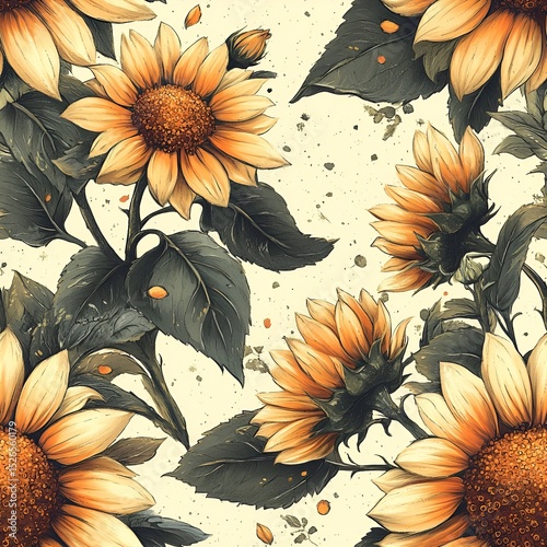 Sunflower Garden Seamless Pattern illustrations. Generative AI