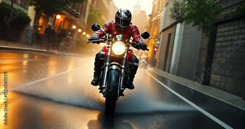Motorcyclist in helmet speeding through city streets in a rain. The image features a blurred background. The light illuminates the street. The motorbike is the central focus