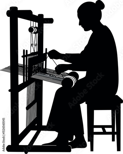 Silhouette of a Woman Weaving on a Loom - Vector Art Design