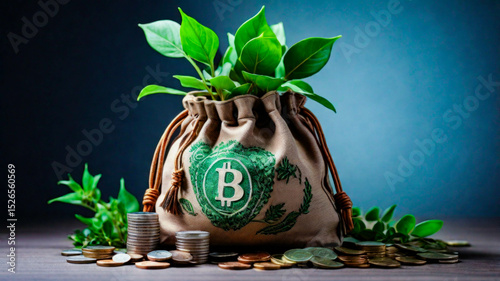 Coins and money sack on brown table, financial economic growth concept, plants growing in it, business economy and finance