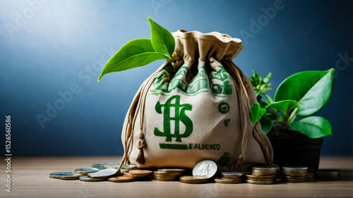 Coins and money sack on brown table, financial economic growth concept, plants growing in it, business economy and finance
