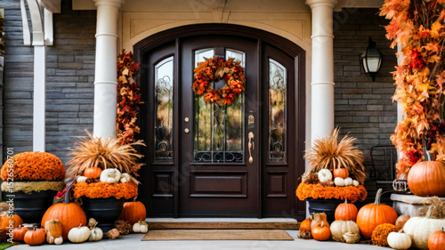 house door with pumpkin and autumn dry leaves decoration, simple and satisfying decoration in front of the house door area, traditional house concept