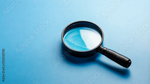 close up magnifying glass on table isolated blue background, magnifying glass concept tool to see details, top view angle