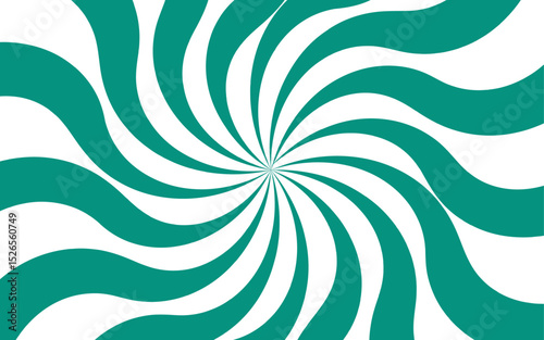 Abstract dynamic vibrant background with bright teal and white spiral rays. Sunburst pinwheel design, with sense of movement and energy. Wavy, curved stripes twist with a visual illusion of spinning