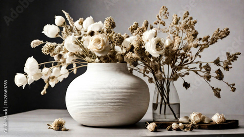 decorative decoration with antique white flower vase, dried flowers inside, minimalist and elegant concept, luxurious flower vase room decoration