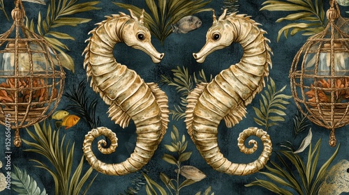 A beautifully illustrated design featuring two intricately detailed seahorses amidst lush foliage, Ideal for marine-themed projects, dÃ©cor, or educational materials
