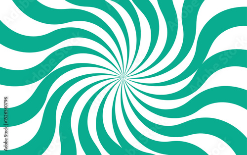 Abstract dynamic vibrant background with bright teal and white spiral rays. Sunburst pinwheel design, with sense of movement and energy. Wavy, curved stripes twist with a visual illusion of spinning