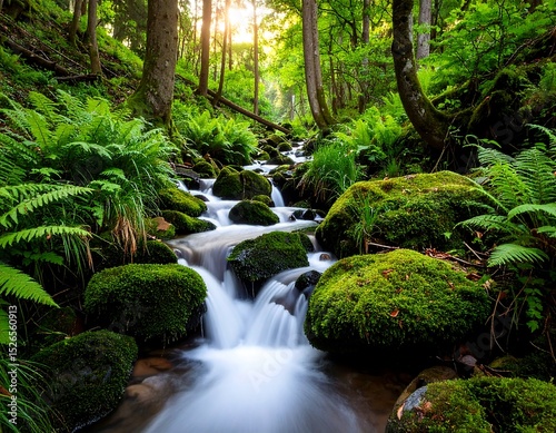 Sunlight streams through a mossy forest stream
