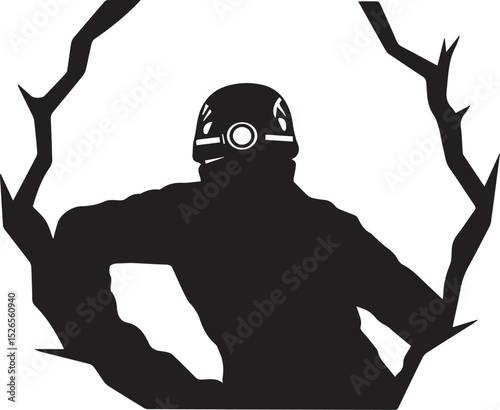 Silhouette Vector of Caver or Spelunker with Helmet Exploring Cave Entrance – Adventure, Exploration, Outdoor Activity, Nature, Black and White Illustration

