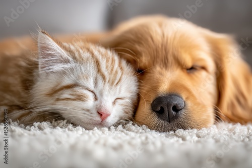 Golden Retriever Puppy and Kitten Sleeping Peacefully on Soft Carpet, Harmonious Cross-Species Bond.