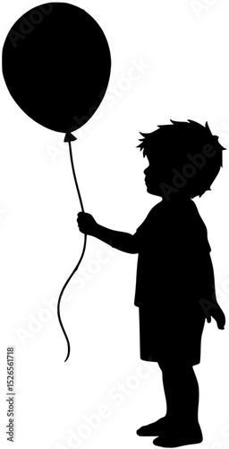 Silhouette of a Child Holding a Balloon, Isolated on White