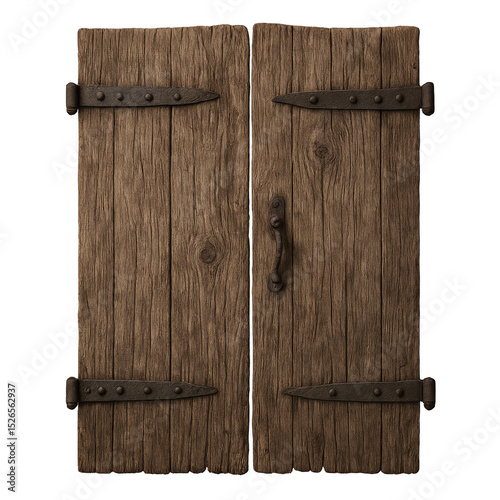 Old rustic antique wooden door with weathered wood and black metal hinge. vintage entrance creating sense of mystery and solid, timeless security from past