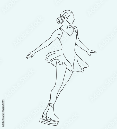 line drawing of young woman playing ice skating in the ice area 