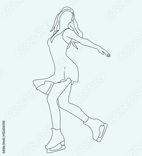 woman playing ice skating. Figure skating girl hand drawn lineart
