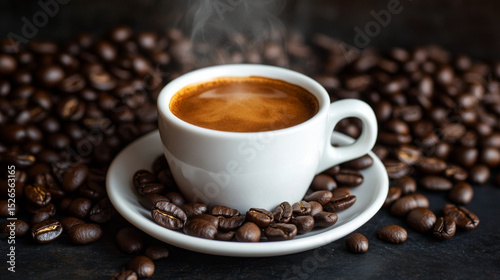 Rich aroma, timeless simplicity—a steaming white cup of coffee on a saucer, nestled among a heap of coffee beans. Captured in cinematic 