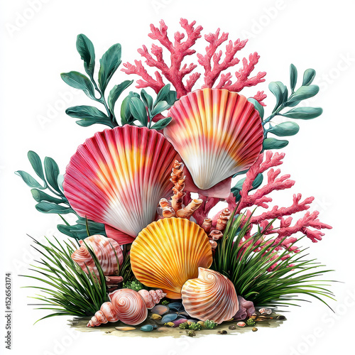 Colorful Seashells and Coral Composition with Natural Ocean Elements
