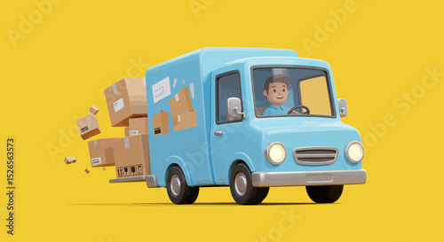 Cartoon delivery truck with driver and packages on a yellow background, vibrant and cheerful