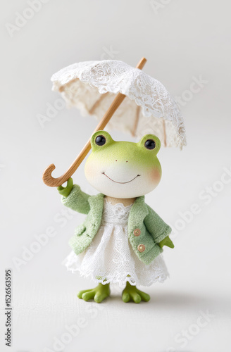 Charming Frog Figurine Holding Lace Umbrella in White and Green Attire