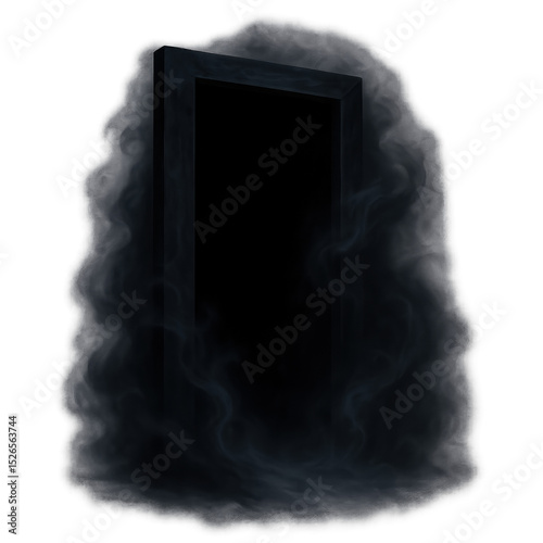 Dark mysterious door and portal with swirling grey mist. An eerie, ominous gateway creating sense of foreboding and supernatural. strange, magical opening