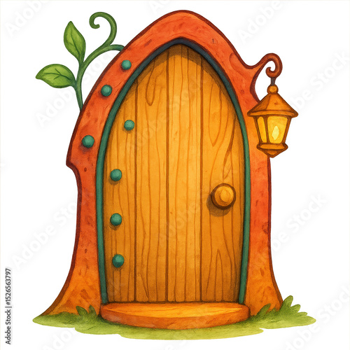 Whimsical and enchanting wooden door illustration from fantasy storybook. This magical entrance with glowing lantern invites you to secret, fairy tale world