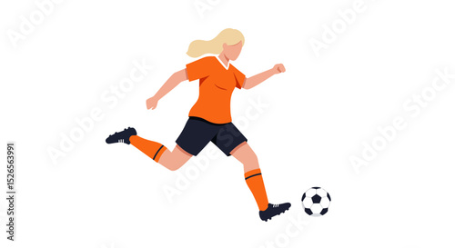 Female soccer player in action, demonstrating powerful kick and sporty style illustration