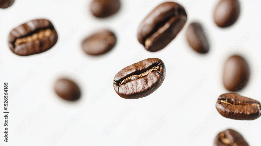Fototapeta premium Coffee beans suspended mid-air against a white background.